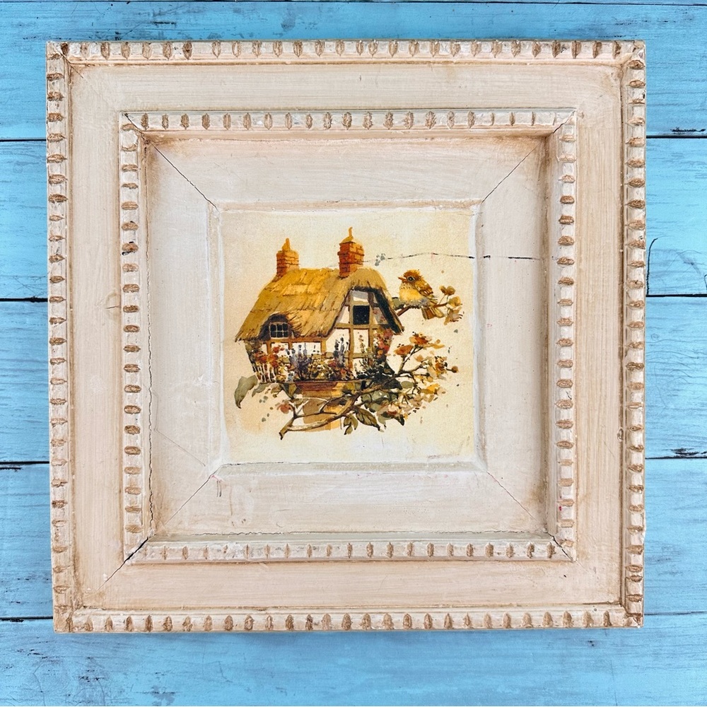 White Framed Art of Birdhouse with Bird Shabby Chic Farmhouse Boho